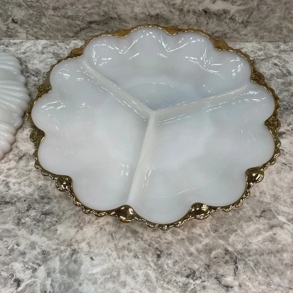 Vintage milk glass divided serving dish Set of 2